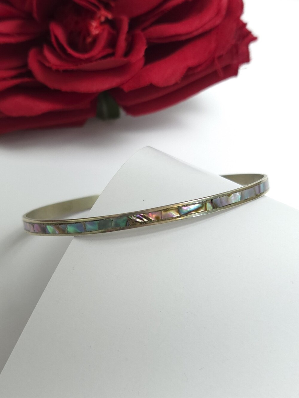 Sterling Silver Alpaca Mexico Albalone Shell Bangle Bracelet Amazing Vintage